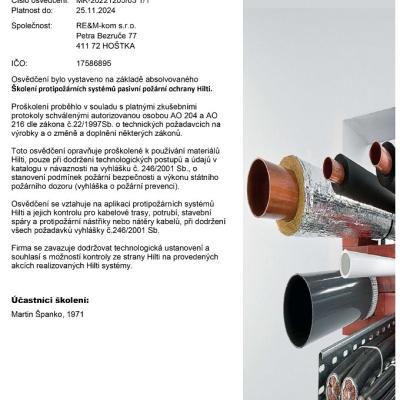 Osvědčení Systém protipožární ochrany HILTI